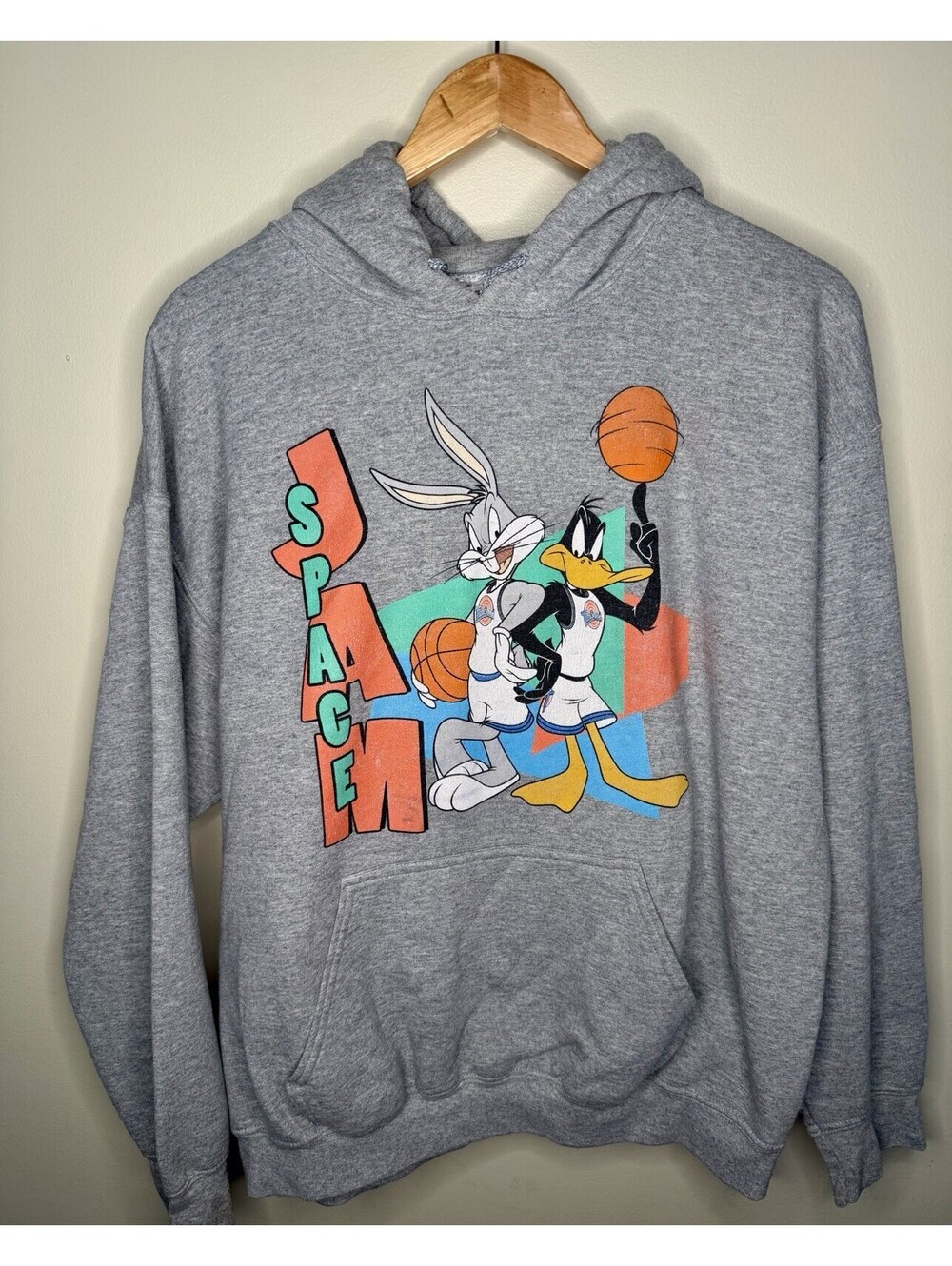 Vintage Style Space Jam Bugs Bunny Daffy Duck Hoodie Gray M Lg Retro Basketball